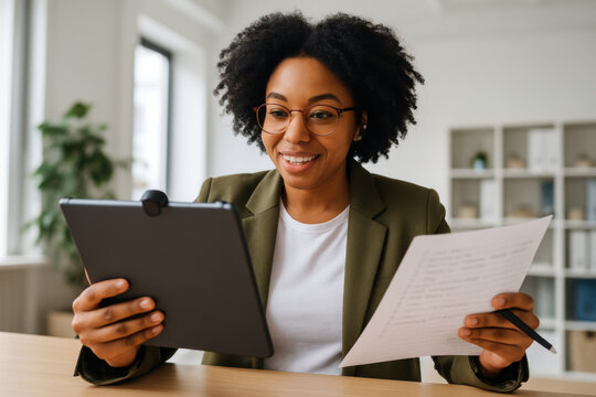 Smiling businesswoman having video call and reading documents - Powered by Adobe