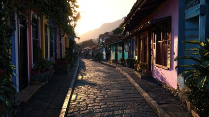 Obraz premium Colorful cobblestone street at sunset in a vibrant village with lush greenery and warm light