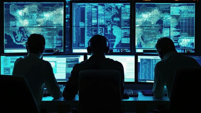 Experts analyze data on multiple screens in a dark office setting at night, focusing on cybersecurity and information processing - Powered by Adobe