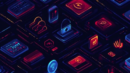 Colorful digital icons representing technology and security concepts in a modern interface grid layout - Powered by Adobe