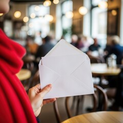 Person holding a white envelope in a cafe, bright and airy, with blurred background featuring people enjoying time together, message concept