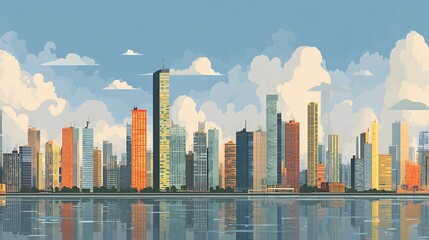 Fototapeta premium Flat illustration of high-rise city skyline with reflection in water and light clouds above