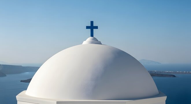 Traditional Greek Church with Blue Dome and Cross Under Clear Sky
- Powered by Adobe