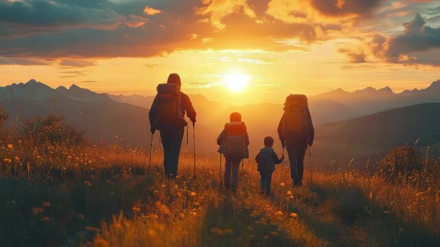 Family hike at sunset in a mountainous landscape with children exploring nature