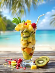 Tropical Fruit Salad on Beach for Healthy Summer Indulgence