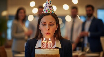 A woman in a business suit blows out candles on a birthday cake, celebrating her 30th birthday in a corporate setting.