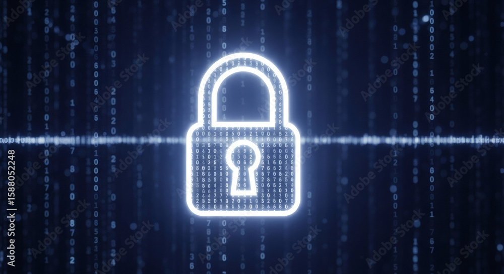 Poster Digital Security Concept: Glowing Padlock on Abstract Binary Code Background