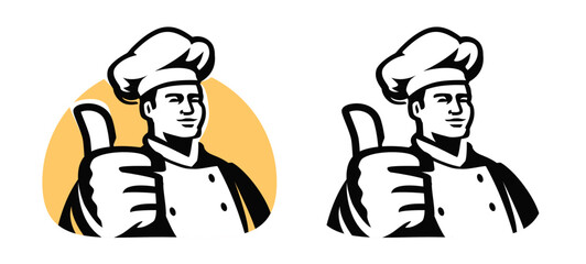 Chef giving thumbs up. Culinary arts symbol. Male cook in hat, baker emblem for restaurant or cafe menu
