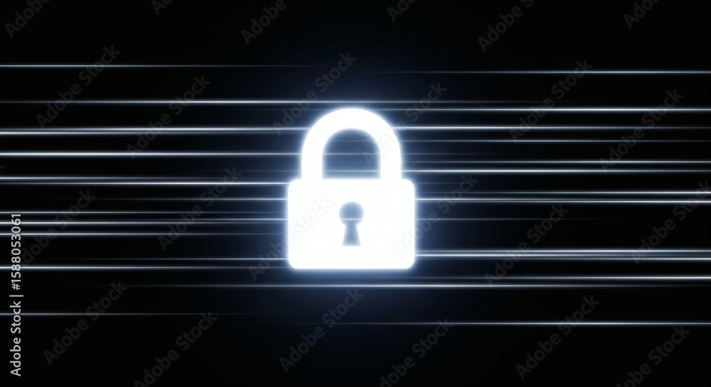 Poster digital security lock icon with futuristic glowing lines and cybersecurity concept