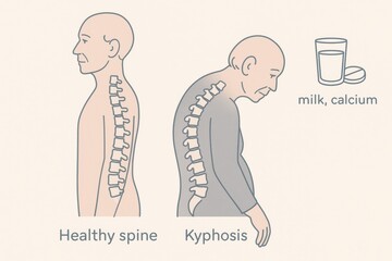 Line-art or simple flat illustration of an elderly figure. one standing upright with a straight back, another slightly hunched over with curved spine (kyphosis). Osteoporosis Day visual concept