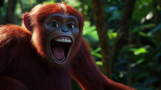 Vibrant close-up of an animated monkey expressing joy in a lush jungle environment
