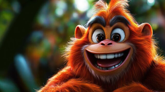 Cheerful animated orange monkey smiling in a lush green jungle with vibrant foliage