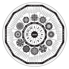 Calendrier 2030 avec Mandalas - Roue Couleurs Arc-en-Ciel - 12 Mois - Vecteur Noir et Blanc