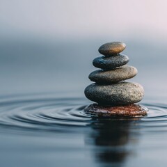 Tranquil Stack of Stones on Water with Gentle Ripples Surrounding