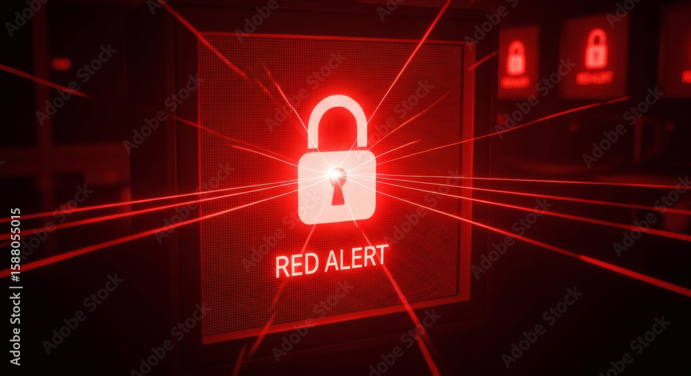 Poster cybersecurity breach alert with red laser grid on padlock symbol display