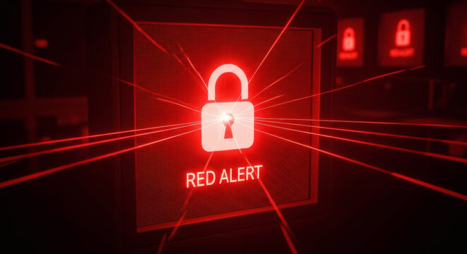 Cybersecurity breach alert with red laser grid on padlock symbol display