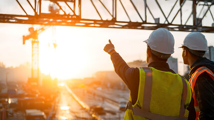 Construction workers in hard hats and safety vests looking at a crane at sunset