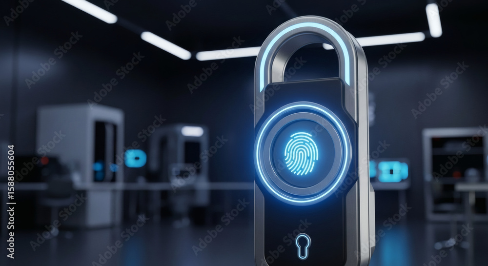 Poster futuristic biometric lock with fingerprint scan in a high-tech environment