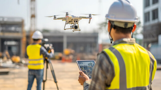 Construction worker operates drone using tablet at building site
