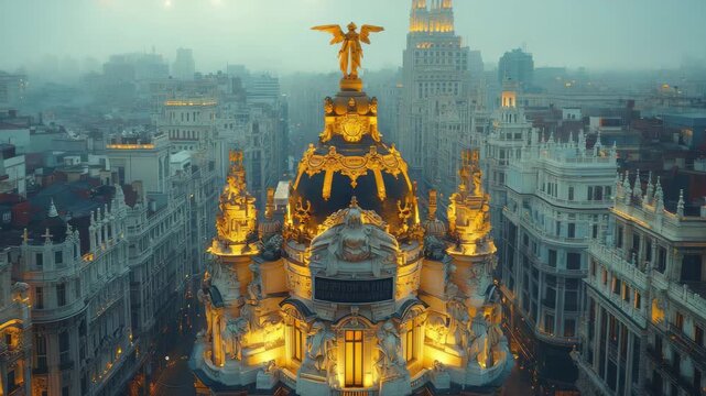 Majestic architecture of Madrid shines under a gray sky showcasing the city's historical grandeur and modern vibrancy