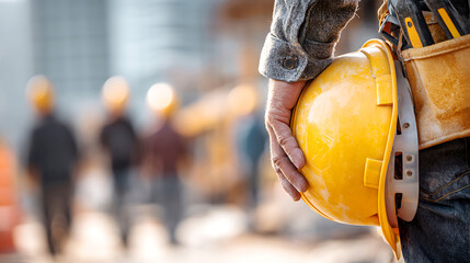 Construction worker holding a yellow hard hat with colleagues in the background