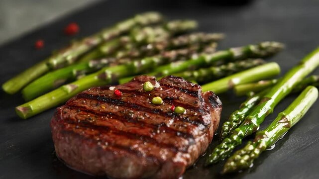 Seasoned and grilled steak with peppercorns, rosemary, and garlic powder. Served with stemmed asparagus on a black slate.
