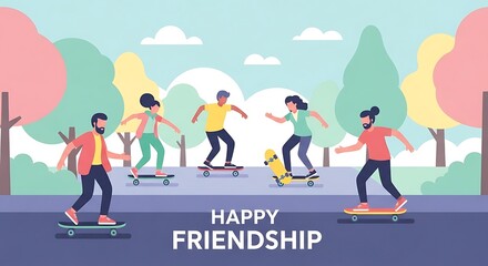 Group of Friends Skateboarding in Park