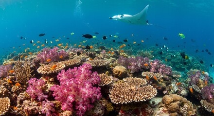 Obraz premium Manta Ray Soaring Over Vibrant Coral Reef