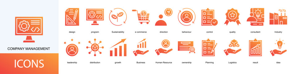 company management icon collection set. Containing design, program, Sustainability, e commerce, direction, behaviour, control, quality icon
