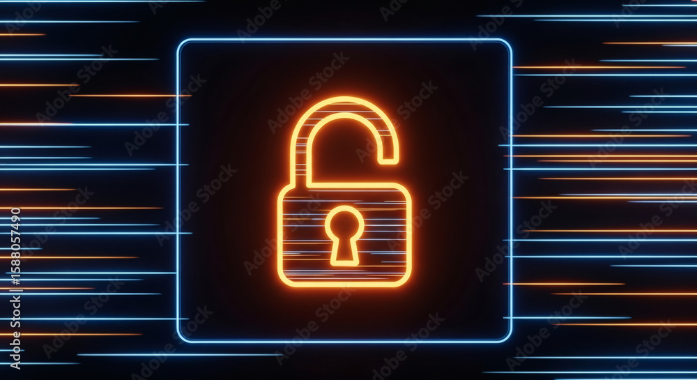 Poster neon open lock symbol surrounded by horizontal speed lines, concept of access