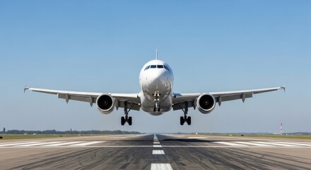 Naklejka premium Passenger air plane landing on airport runway with blue sky background for travel transportation tourism airline or aviation business content