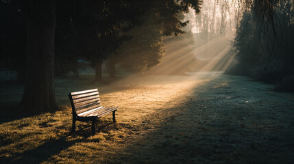 A photo of a lonely bench in a dewy park with soft sunbeams cutting through mist during morning