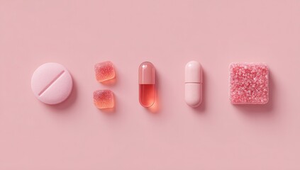 Pink pills and gummies on a pink background