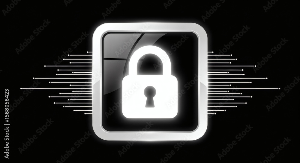 Poster digital security padlock icon with glowing lines on black background design