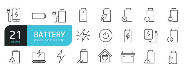 Set of line icons related to battery, energy, power. Outline icons collection. Editable stroke. Vector illustration