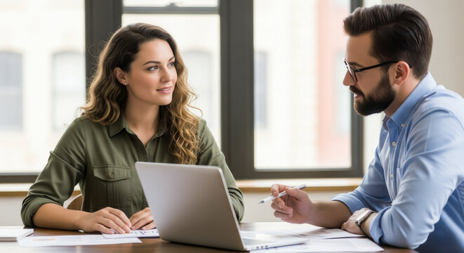 Two professionals sitting at a desk in a bright office, reviewing charts and graphs on a laptop while discussing financial analysis and project planning.