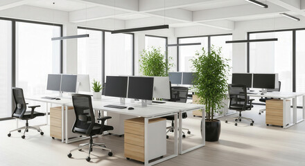 Bright open-plan office interior featuring ergonomic chairs, multiple monitors, greenery, and large windows providing abundant natural daylight for productivity.