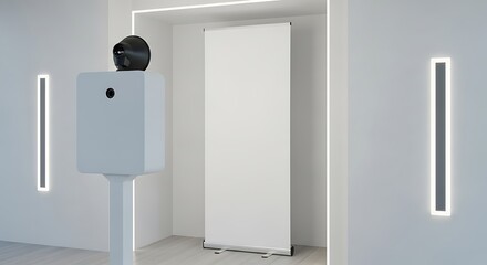Photo Booth with Blank Roll Up Banner in Modern Room