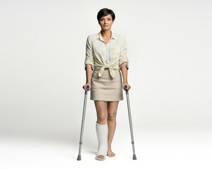 Woman standing with crutches and a leg cast representing recovery, injury, and mobility support.