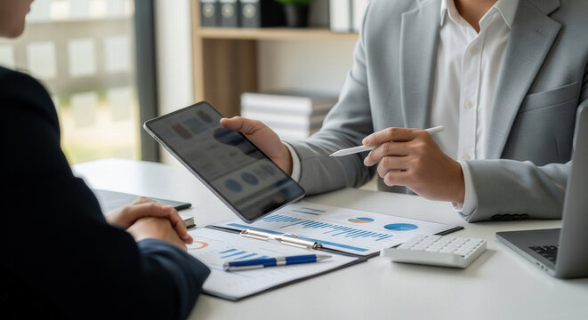 Two professionals analyzing financial charts and data on a digital tablet during a business meeting in a modern office setting.