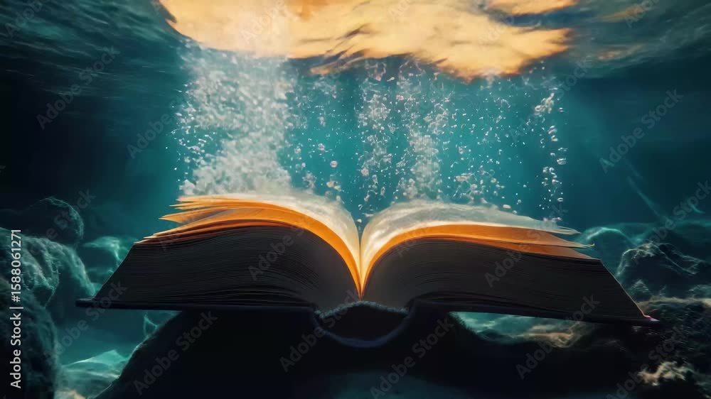 Poster underwater book surrounded by bubbles and light creating a serene and mystical atmosphere