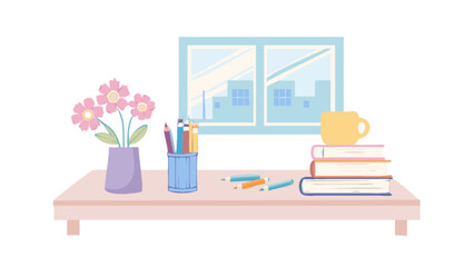 Illustration of a study desk with books flowers and window for study and work from home concept