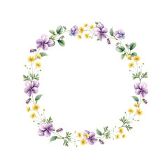 A vibrant circular arrangement of purple pansies and yellow wildflowers showcases delicate greenery. This decorative floral design adds a fresh touch suitable for various occasions.