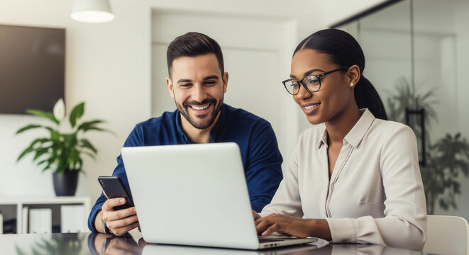 Smiling coworkers working together at a desk with a laptop, smartphone, and documents in a bright modern office environment.