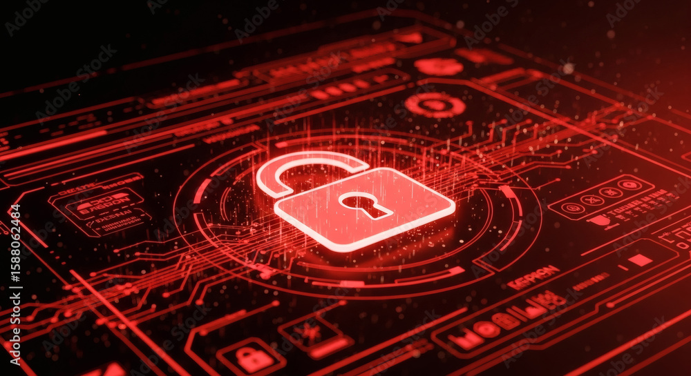Poster Digital data security vulnerability concept with open padlock on futuristic display