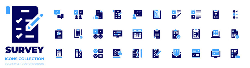 Survey icon collection. Bold style. Duotone colors. answers, clipboard, survey, medical report, compliance, unhappy, shopping list, checklist