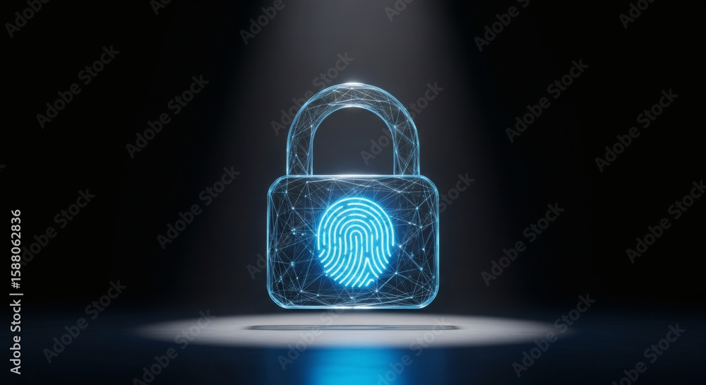 Poster secure digital access with a glowing fingerprint padlock on a dark background