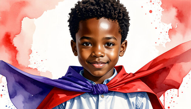 portrait d'un enfant afro-américain déguisé en super héros avec une cape - Powered by Adobe