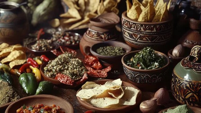 Assortment of colorful and diverse spices in a large cooking bowl, ready for making traditional Mexican cuisine.