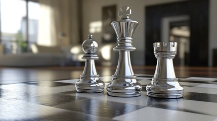 Polished chess pieces strategically positioned on a board in a bright, modern living room setting